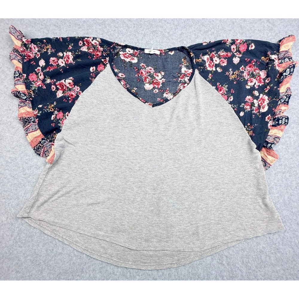 Womens Floral Ruffle Raglan Sleeve V-Neck Ribbed Knit Top Grey Navy L